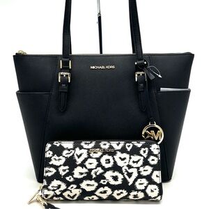 Michael Kors Large Charlotte Tote Bag & Large Continental Wallet Wristlet Black